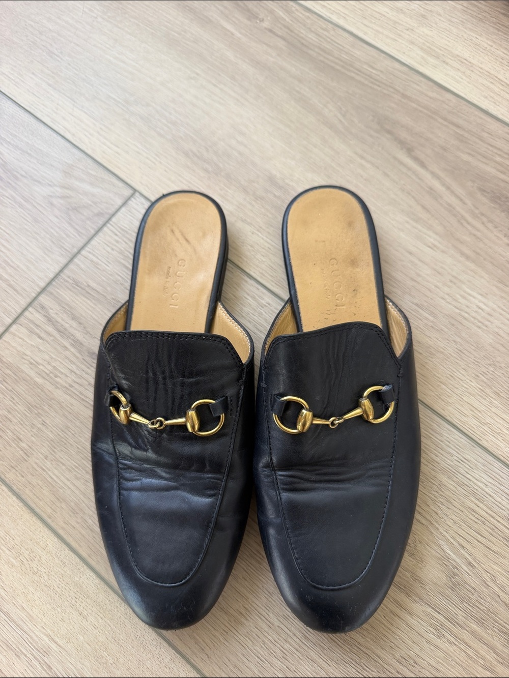 Gucci Black Leather Horsebit Backless Loafers with Gold Hardware